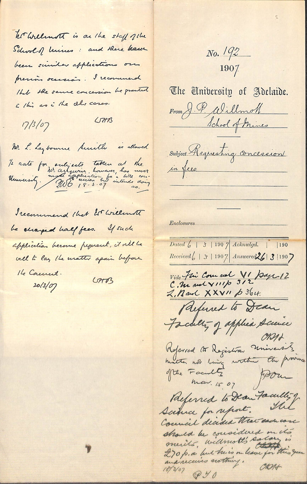 Josiah Percival Willmott - School of Mines - Requesting Concession in Fees