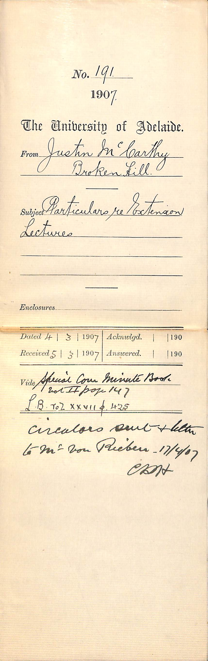 Justin McCarthy - Broken Hill - Particulars re Extension Lectures