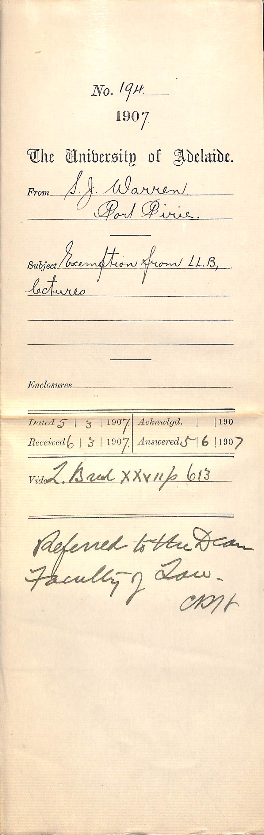 S J Warren - Port Pirie - Exemption from LLB lectures