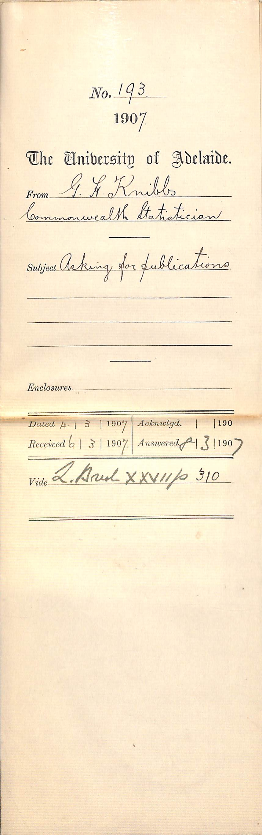 G H Knibbs - Commonwealth Statistician - Asking for Publications