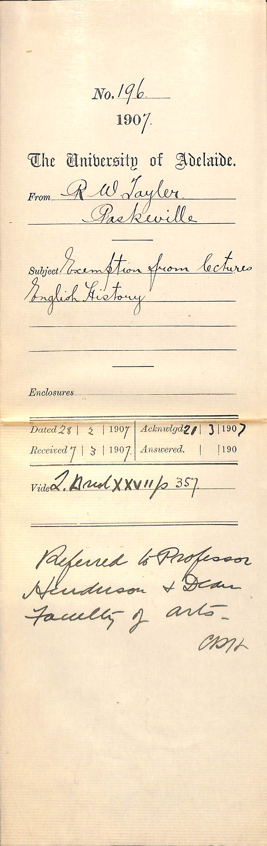 R W Taylor - Paskeville - Exemption from lectures English History