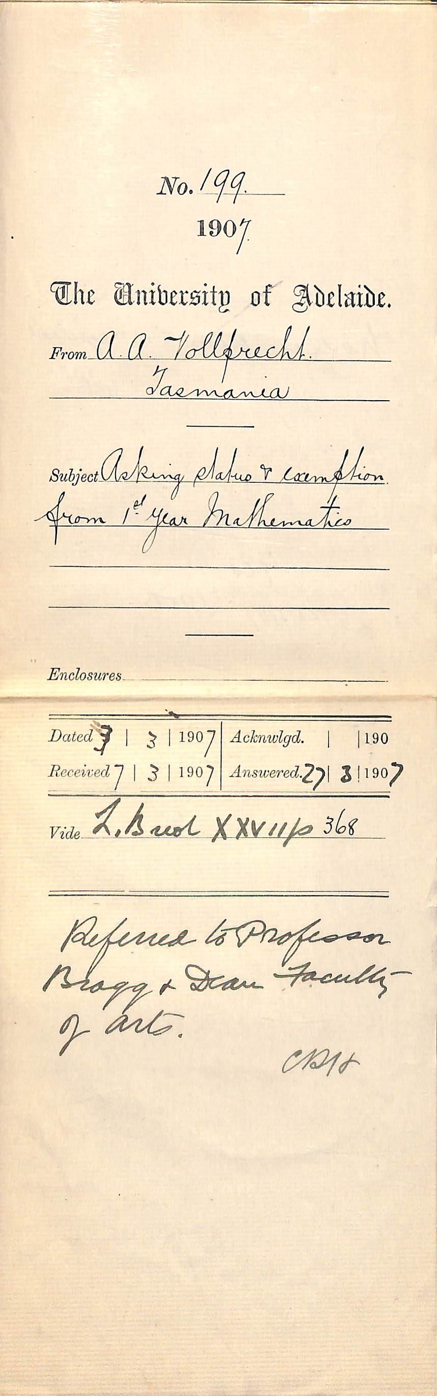 Alex A Vollprecht - Tasmania - Asking Status and Exemption from 1st Year Mathematics