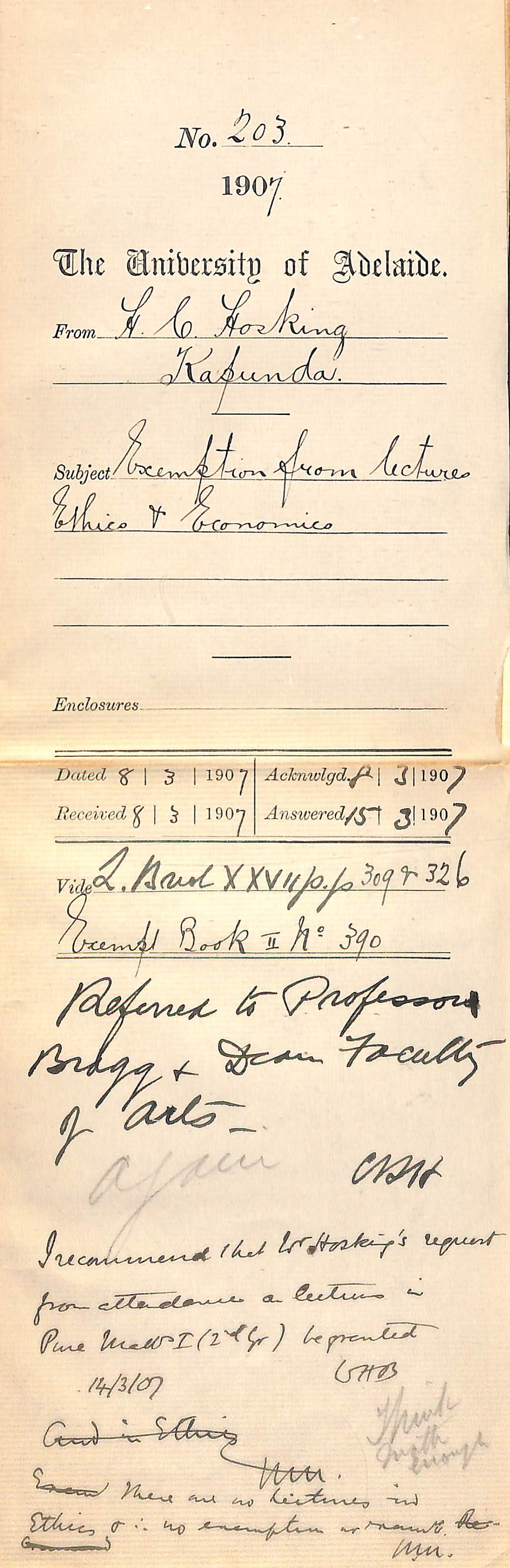 Herbert C Hosking - Kapunda - Exemption from lectures Ethics and Economics