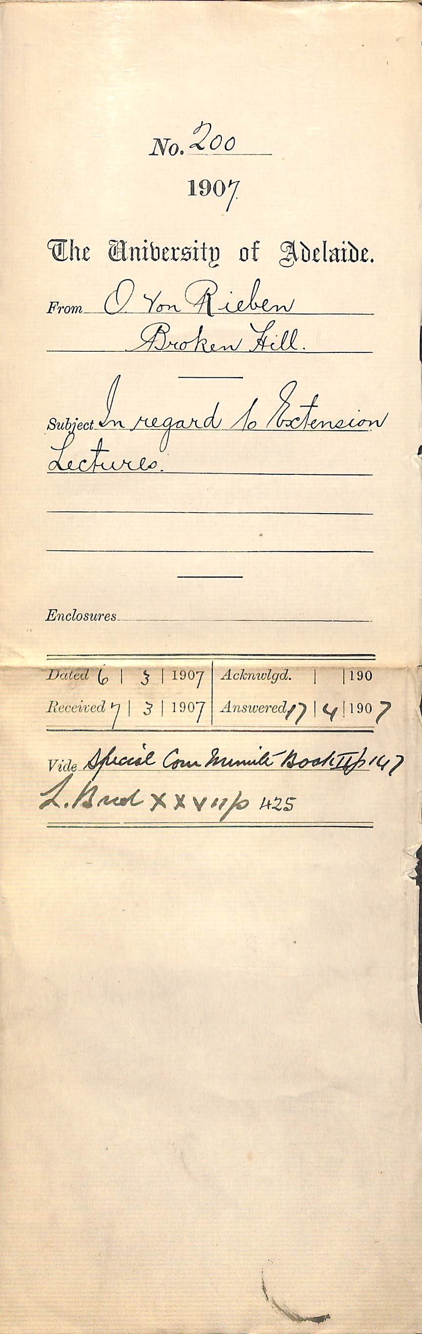 O Von Rieben - Broken Hill - In regard to Extension Lectures