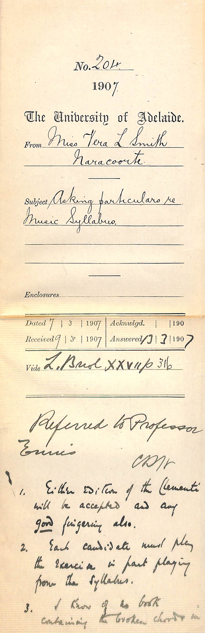 Miss Vera L Smith - Naracoorte - Asking particulars re Music Syllabus