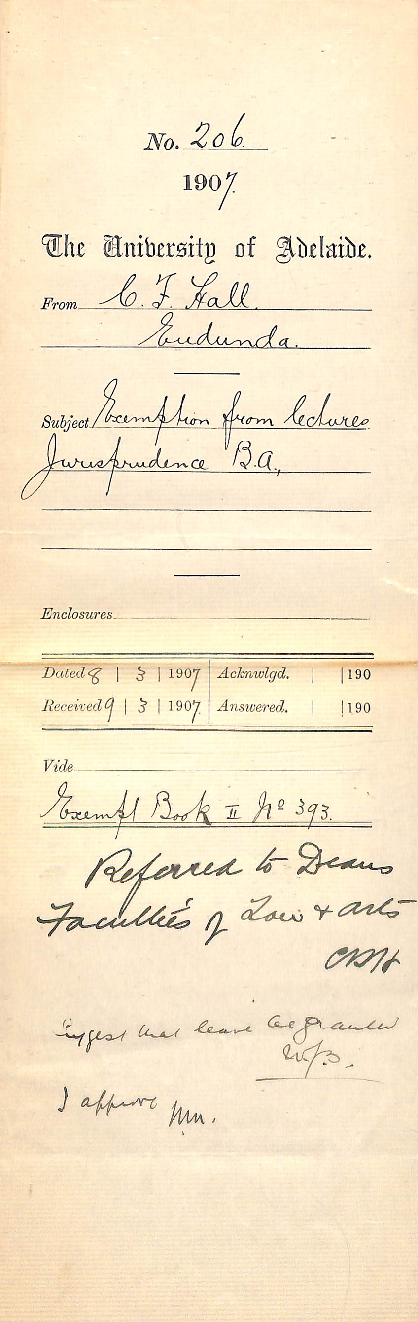 C F Hall - Eudunda - Exemption from lectures Jurisprudence BA