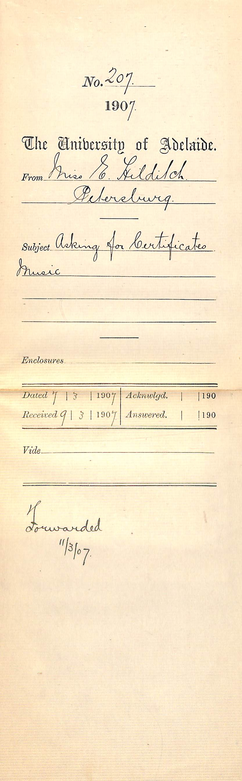 Miss Ethel Hilditch - Petersburg - Asking for Certificates Music