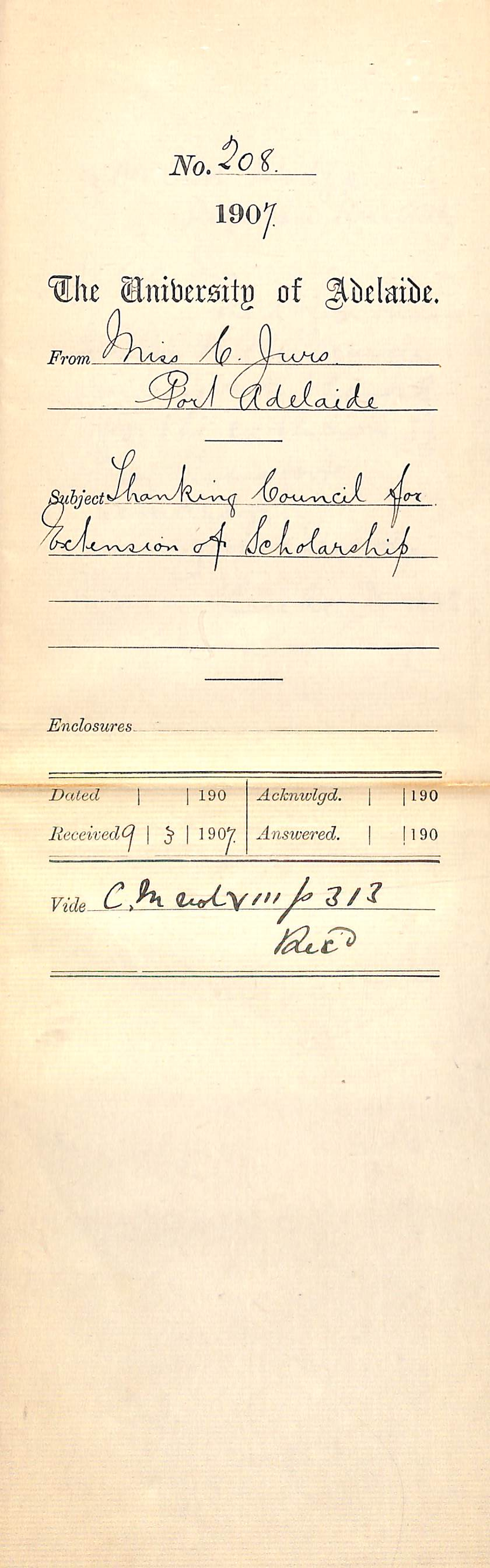 Miss Carlien Jurs - Port Adelaide - Thanking Council for Extension of Scholarship