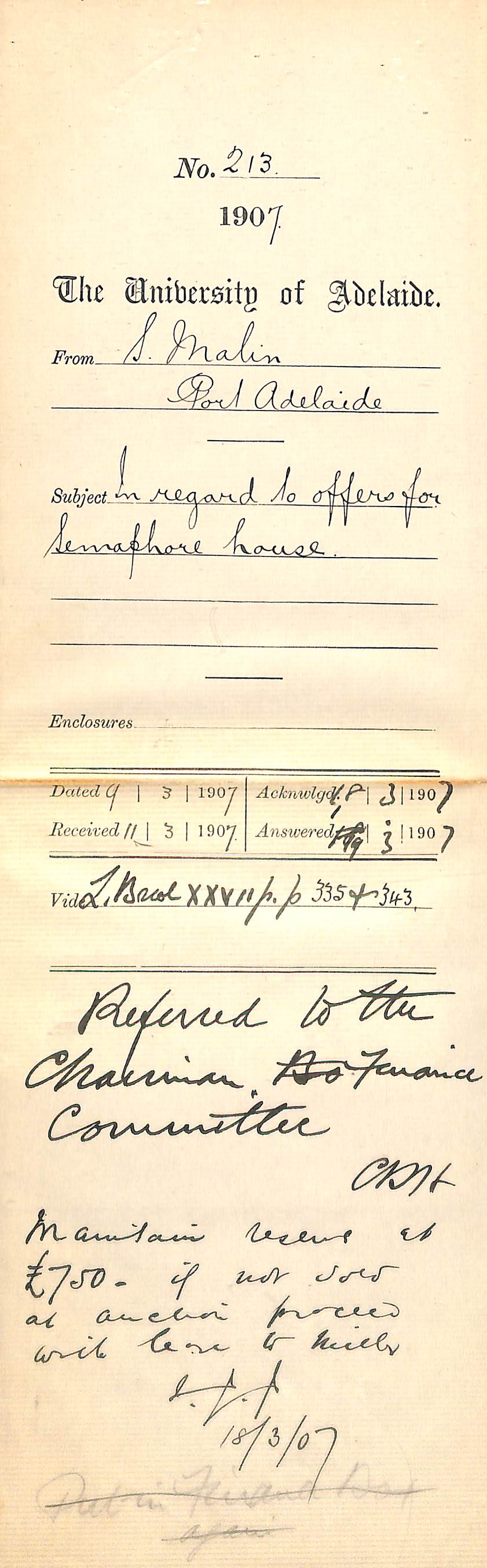 Sidney Malin - Port Adelaide - In regard to offers for Semaphore House