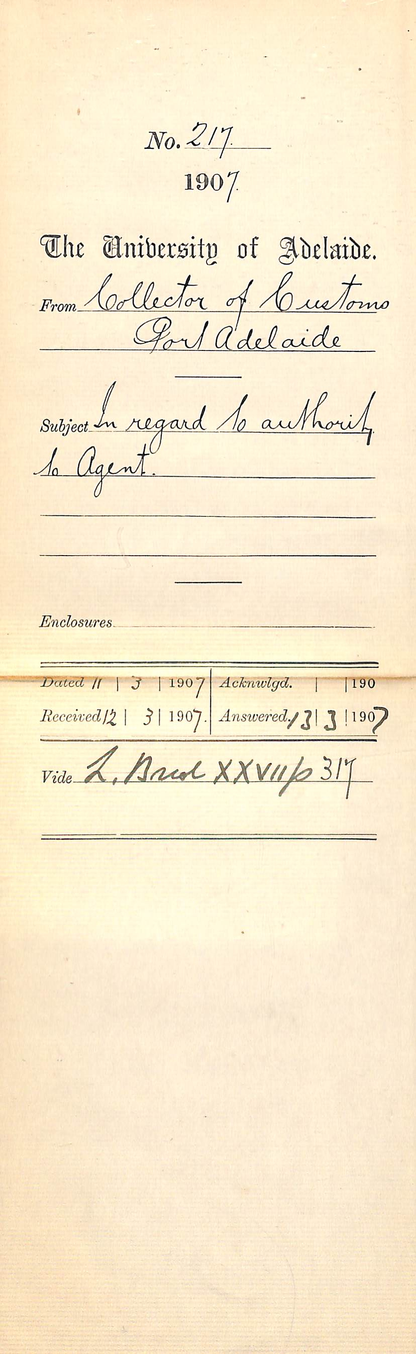 Collector of Customs - Port Adelaide - In regard to authority to Agent