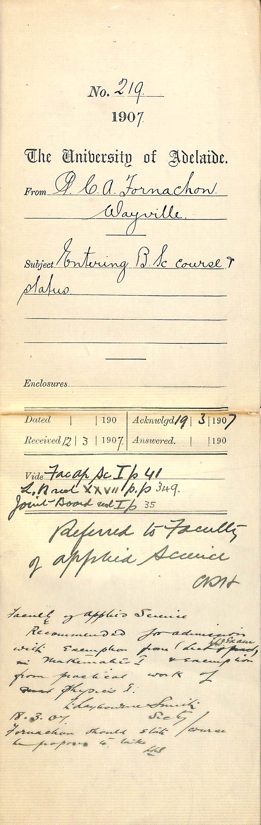 Paul Charles Albert Fornachon - Wayville - Entering BSc Course and status