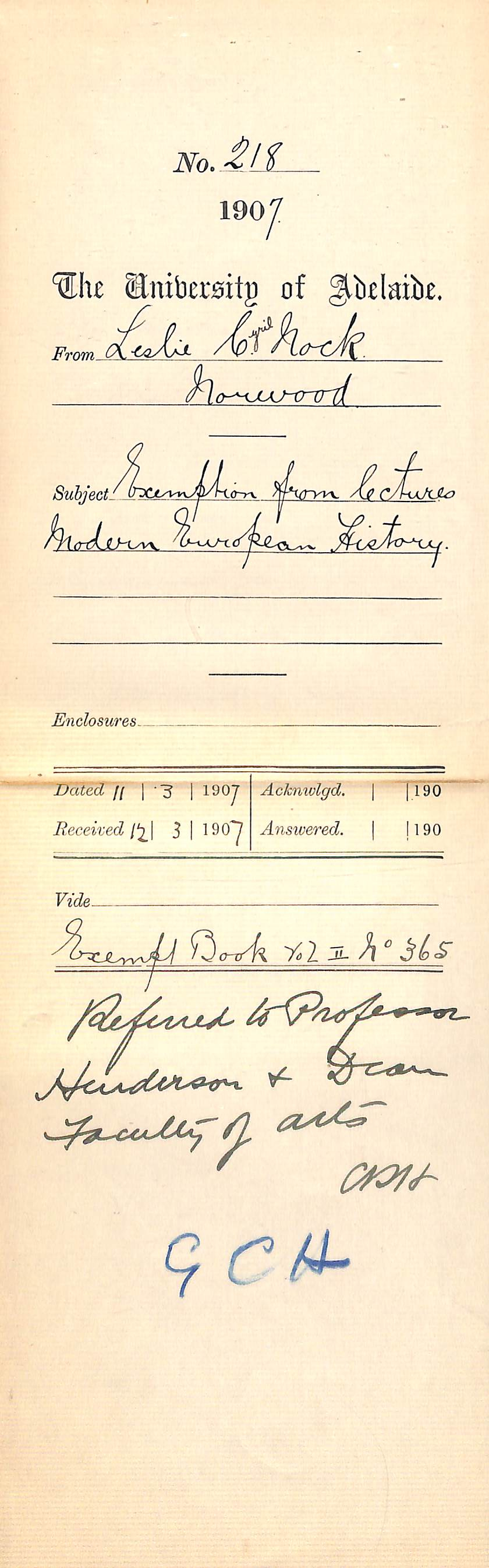 Leslie Cyril Nock - Norwood - Exemption from lectures Modern European History