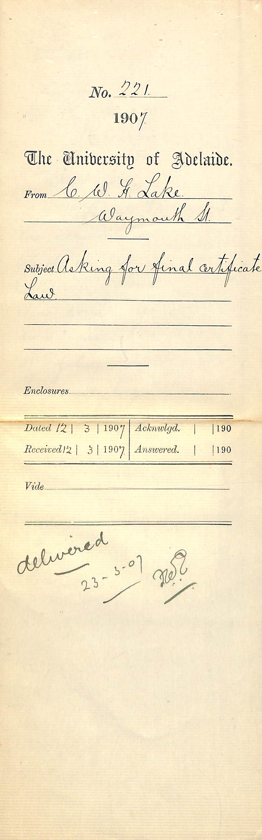 Clement William Hingston Lake - Waymouth Street - Asking for Final Certificate Law