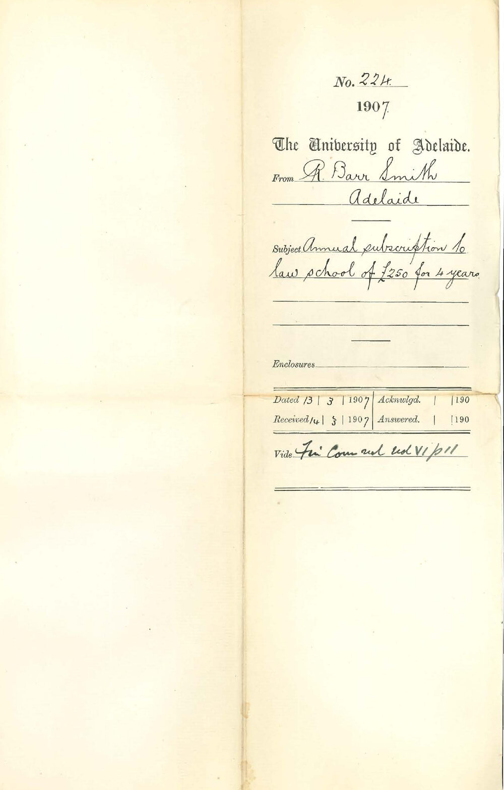 Robert Barr Smith - Adelaide - Annual Subscription to Law School of &pound;250 for 4 years