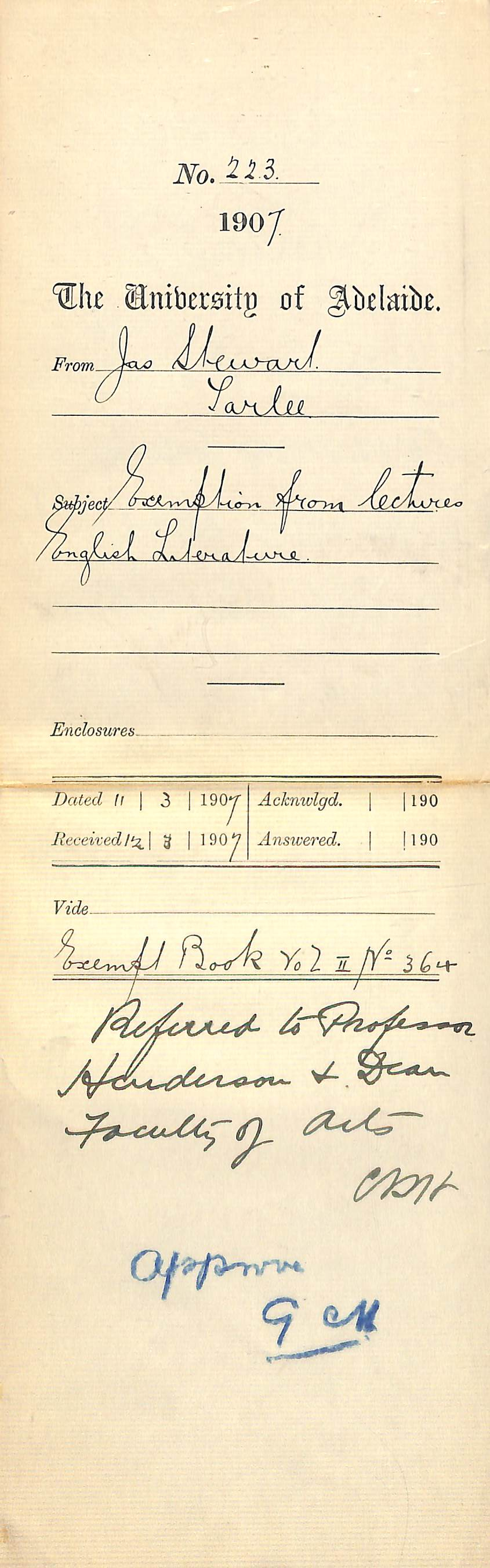 James Stewart - Tarlee - Exemption from lectures English Literature