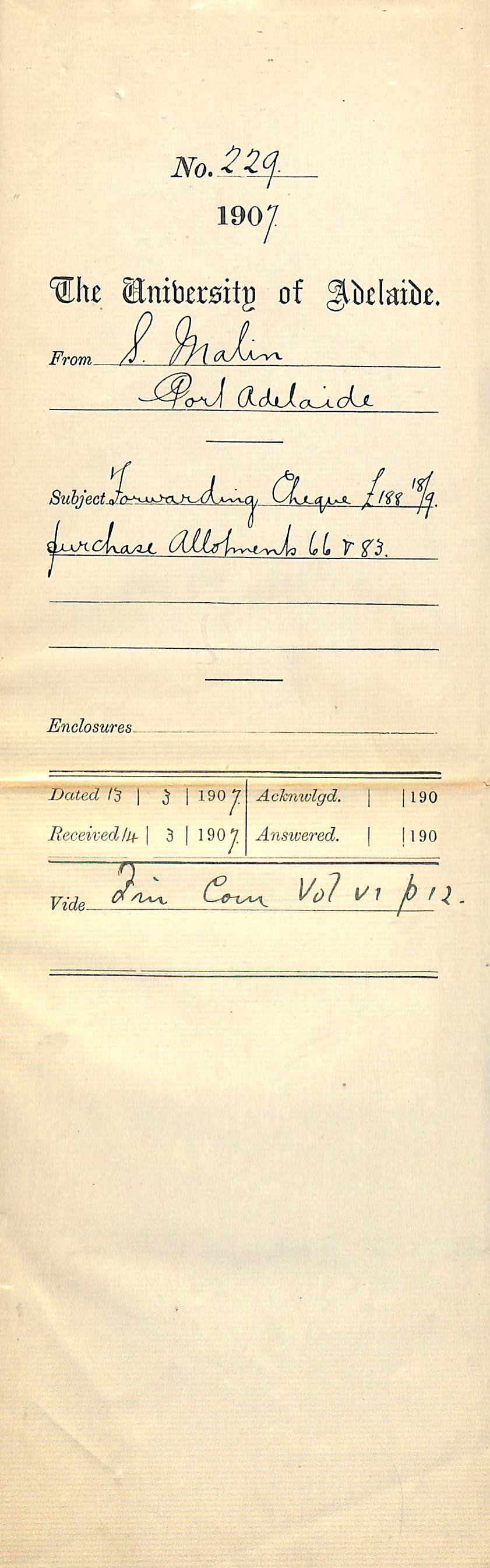 Sidney Malin - Port Adelaide - Forwarding Cheque &pound;188-18-9 purchase Allotment 66 and 83