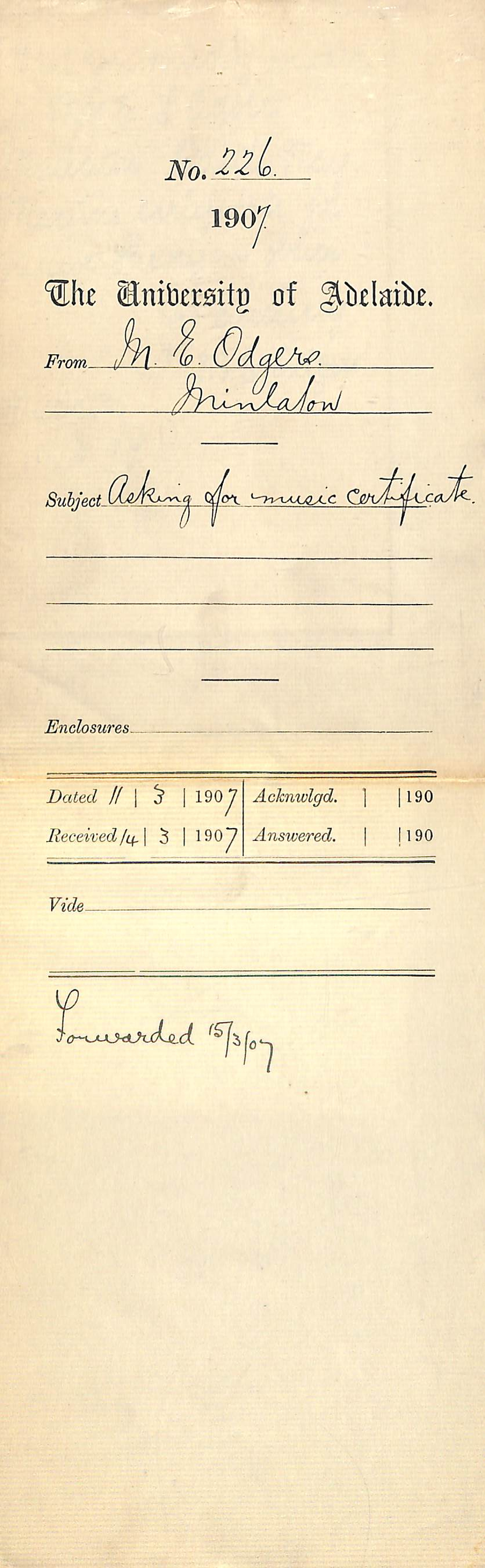 M E Odgers - Minlaton - Asking for Music Certificate