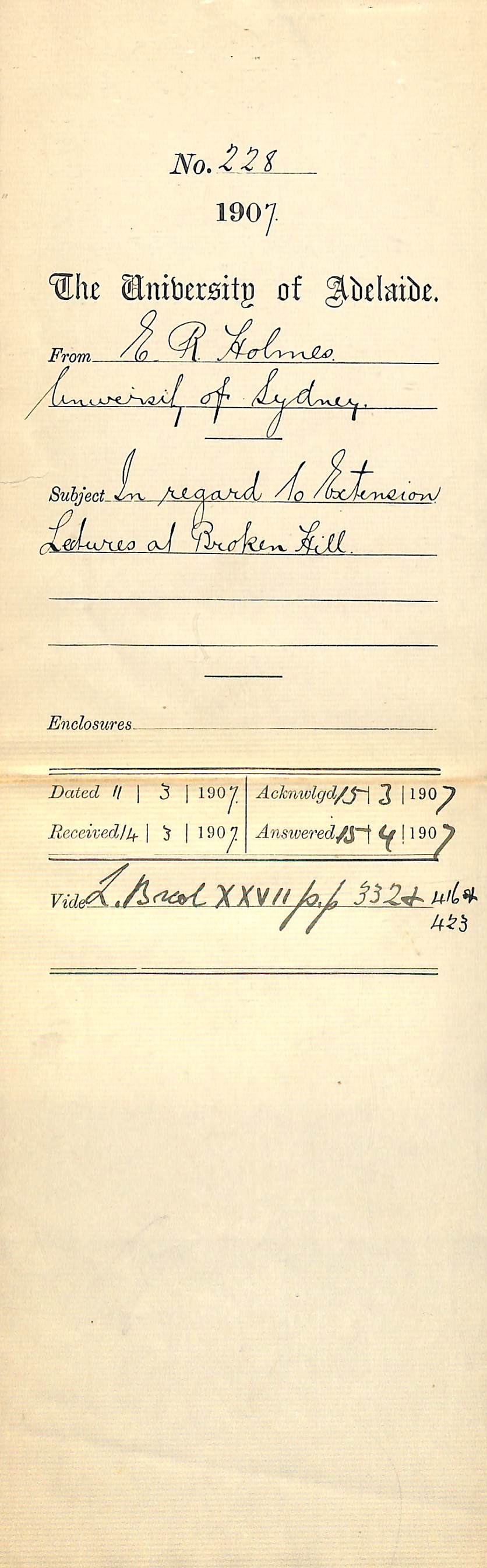 E R Holmes - University of Sydney - In regard to Extension Lectures at Broken Hill