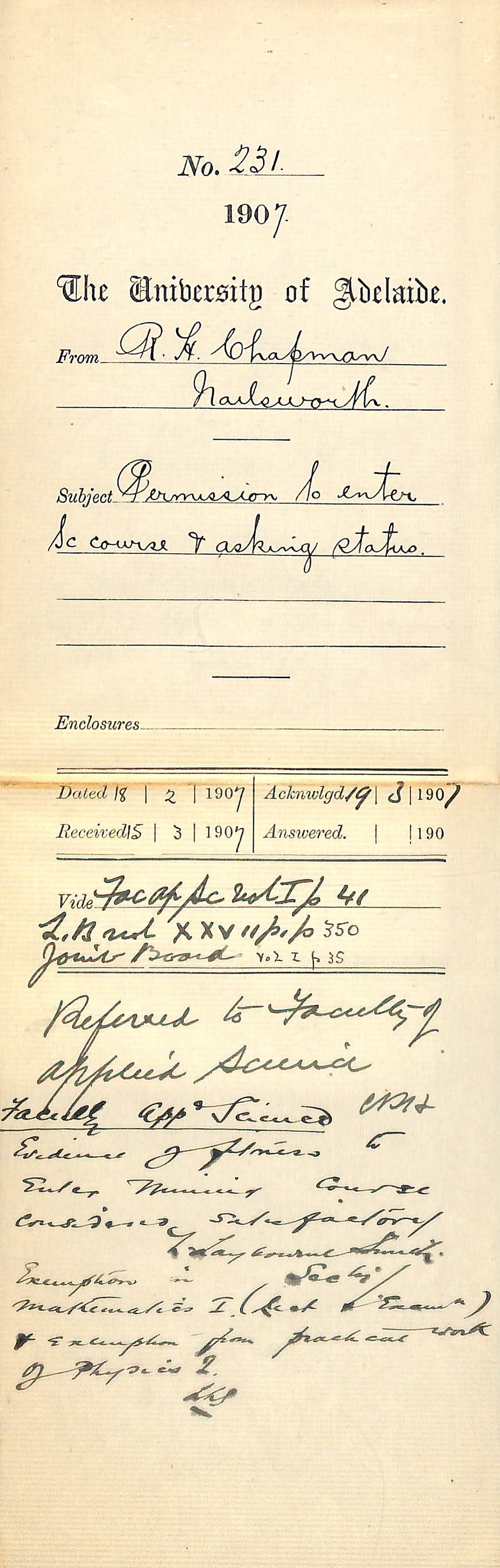 Robert Hall Chapman - Nailsworth - Permission to enter Sc course and asking status