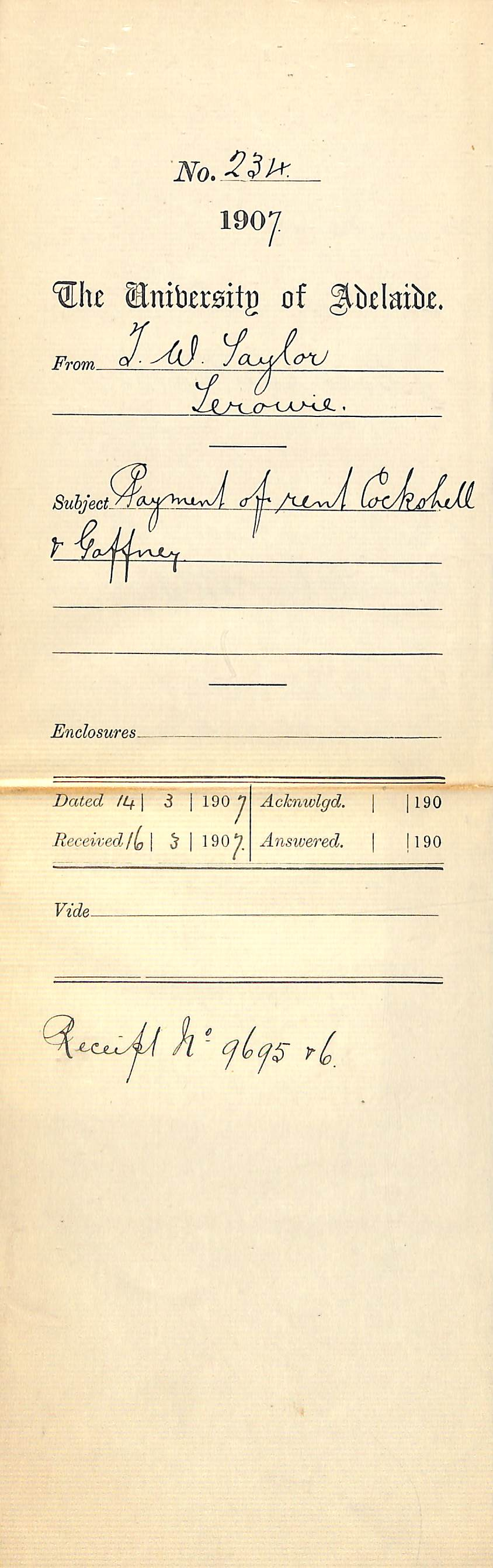 Thomas W Taylor - Terowie - Payment of rent Cockshell and Gaffney