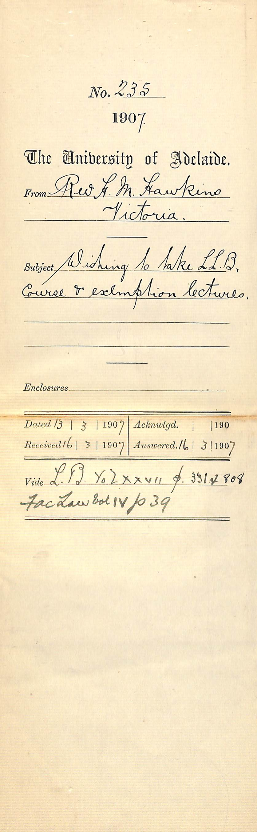 Reverend Herbert M Hawkins - Victoria - Wishing to take LLB Course and Exemption lectures