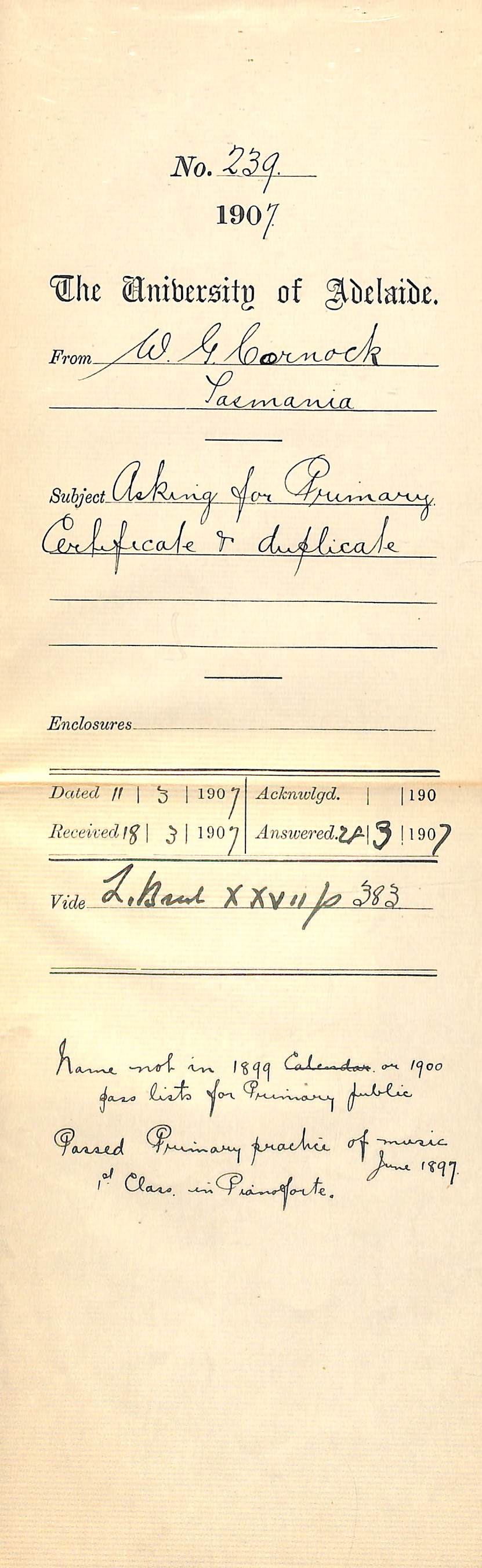 Wilfred Golden Cornock - Tasmania - Asking for Primary Certificate and duplicate