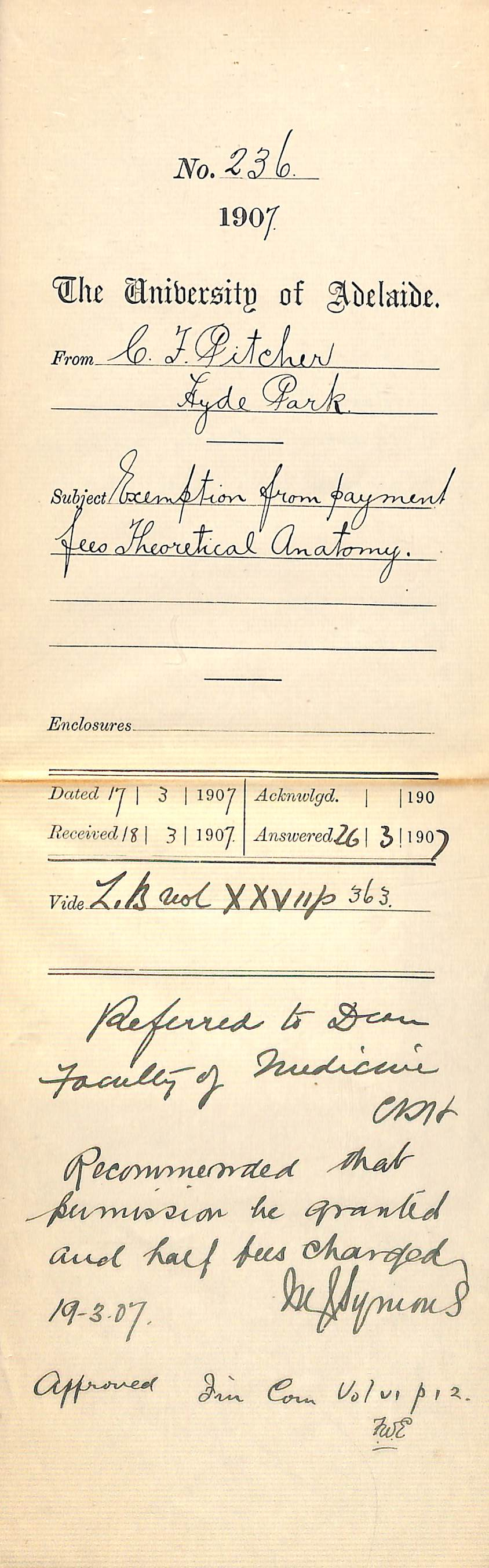 Cyril Frederick Pitcher - Hyde Park - Exemption from payment fees Theoretical Anatomy