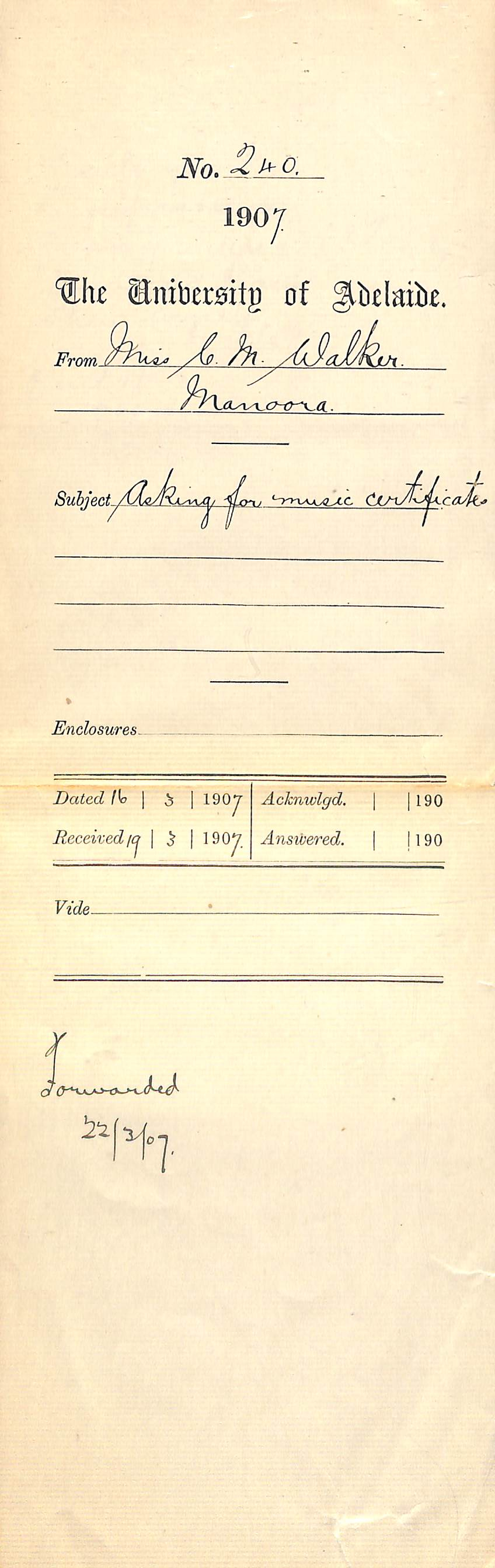 Miss Constance M Walker - Manoora - Asking for Music Certificates