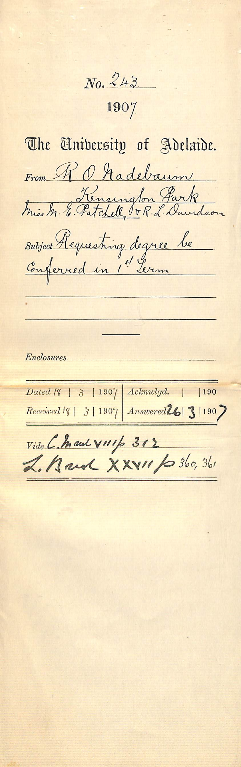 Rudolph O Nadebaum E Patchell R L Davidson - Kensington Park - Requesting Degree be conferred in 1st Term