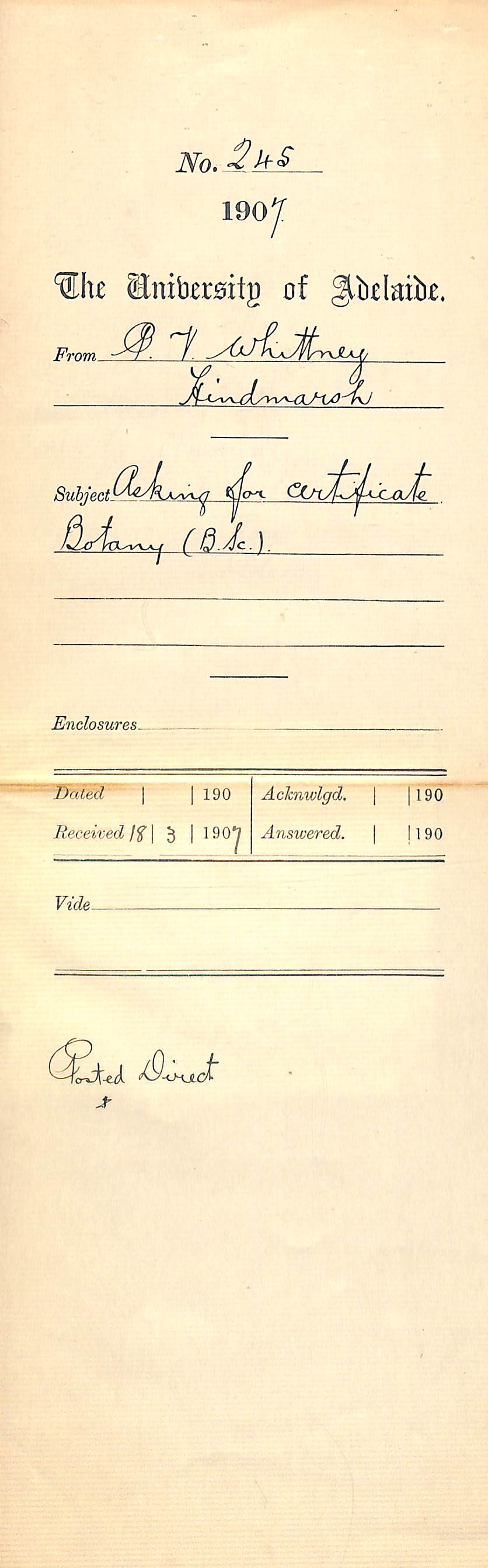 Percy V Whittney - Hindmarsh - Asking for Certificate Botany BSc