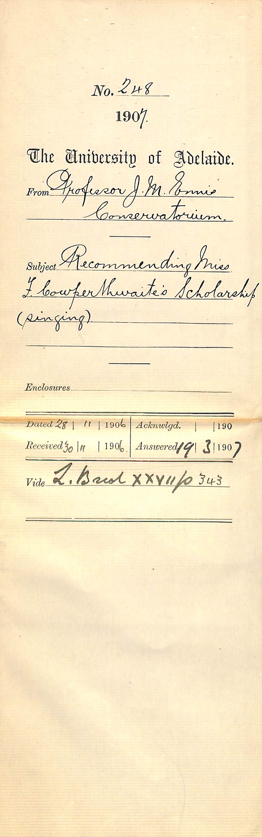 Professor John Matthew Ennis - Conservatorium - Recommending Miss F Cowperthwaite's Scholarship Singing