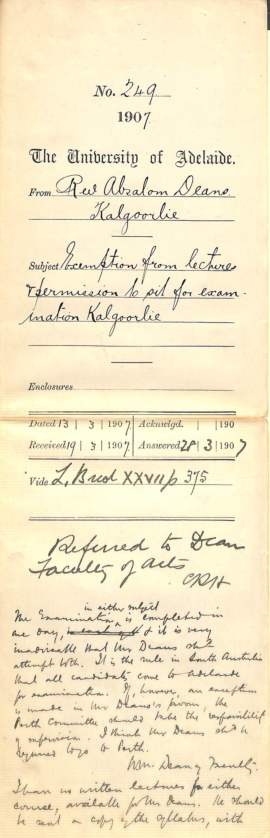 Reverend Absalom Deans - Kalgoorlie - Exemption from lectures and permission to sit for Examination Kalgoorlie