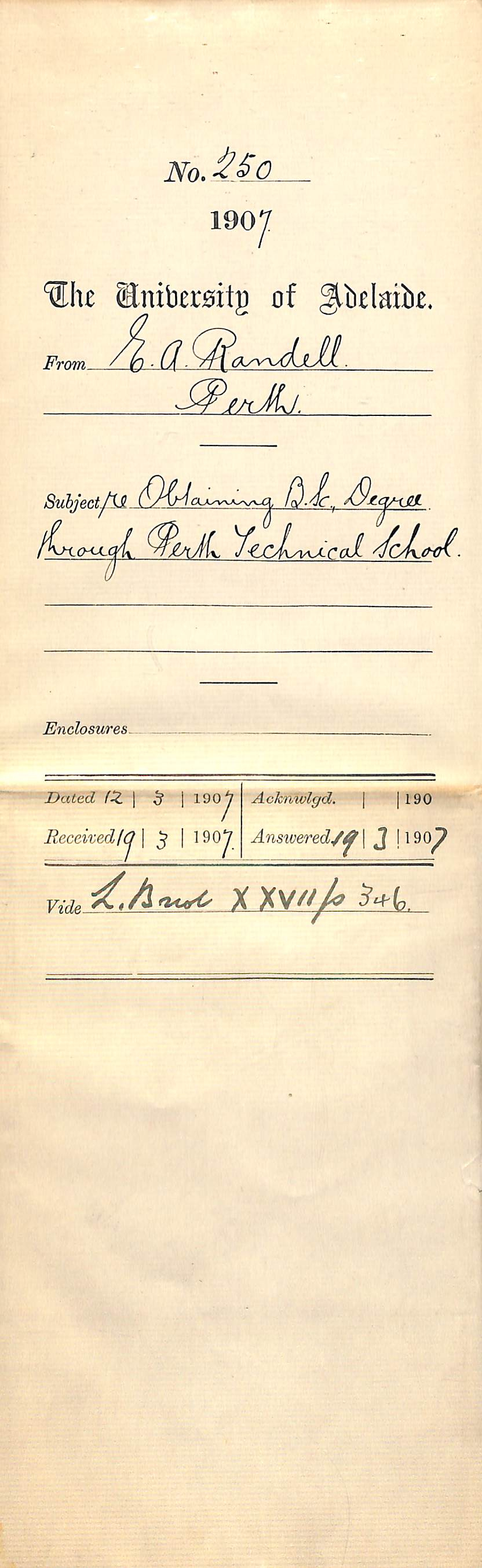 E A Randell - Perth - Re Obtaining BSc Degree through Perth Technical School