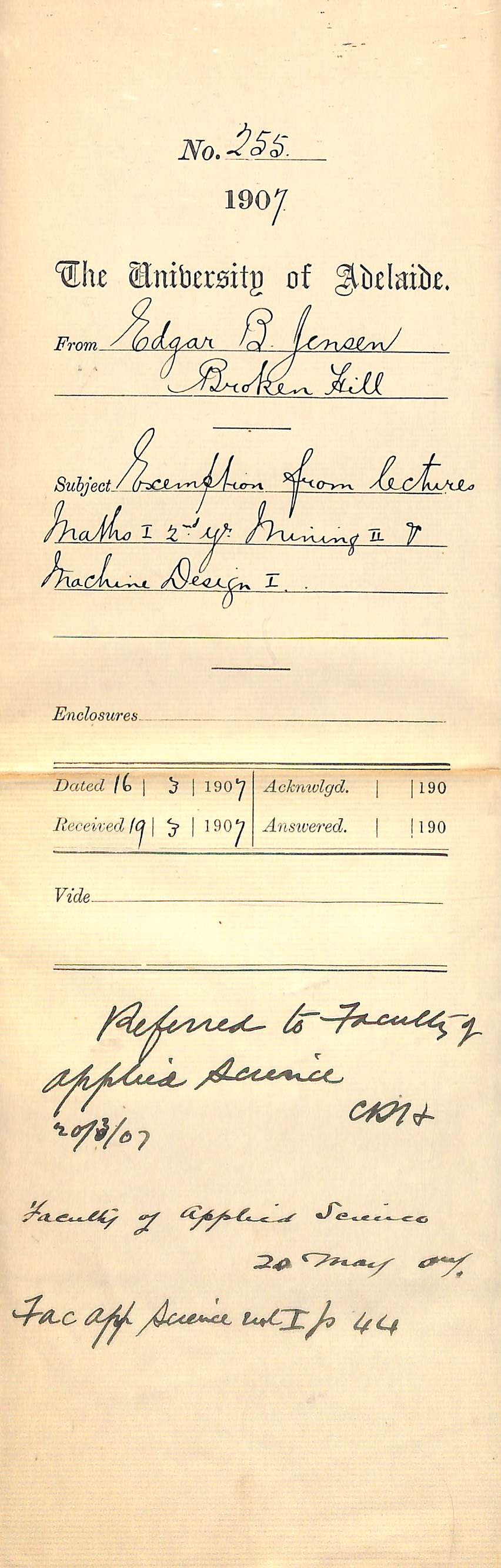 Edgar B Jensen - Broken Hill - Exemption from lectures Maths I 2nd Year Mining II and Machine Design I