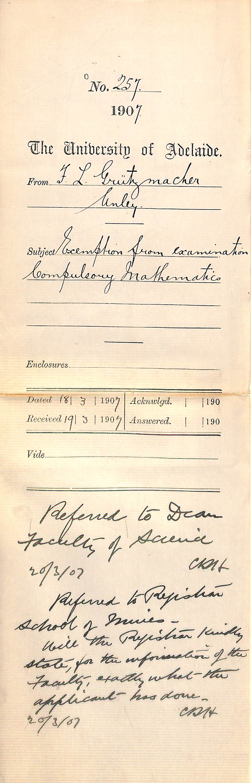 Fred L Gr&uuml;tzmacher - Unley - Exemption from Examination Compulsory Mathematics