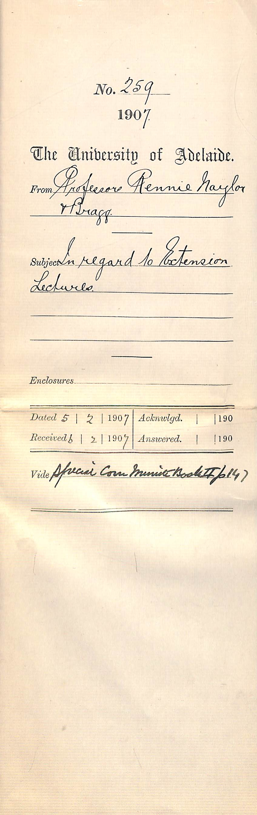 Professors Rennie Naylor and Bragg [sic] - In regard to Extension Lectures