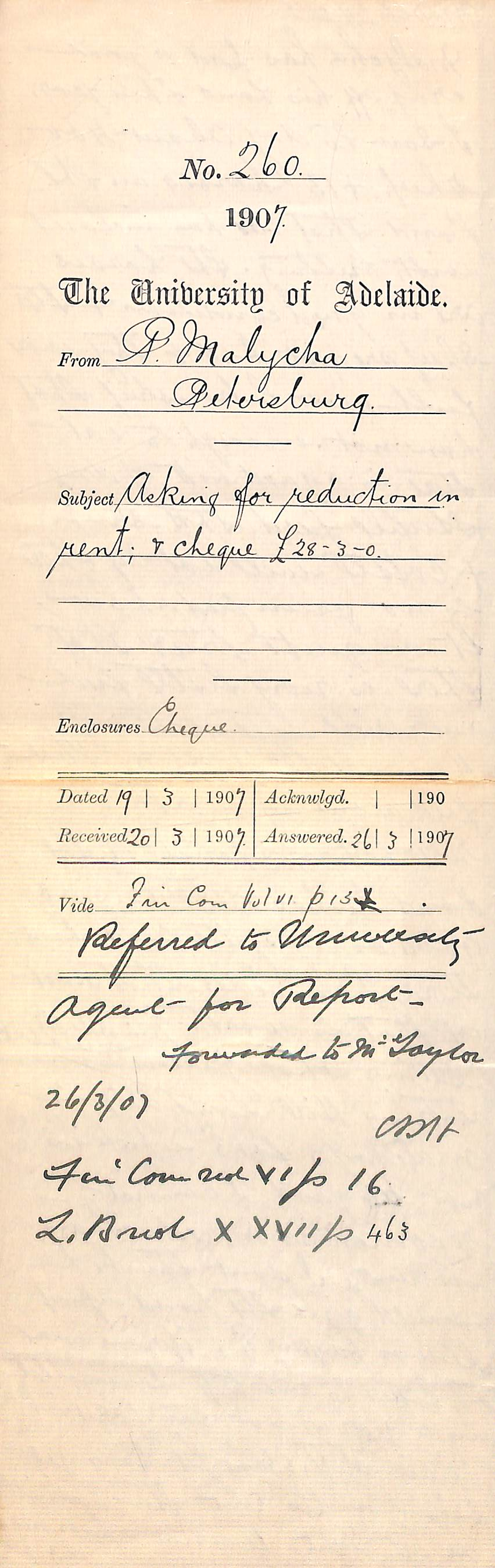 P Malycha - Petersburg - Asking for reduction in rent and cheque &pound;28-3-0