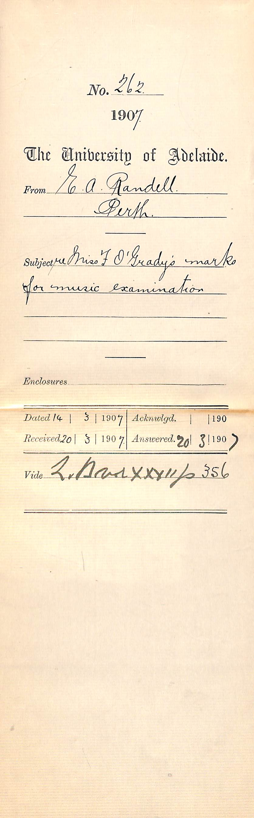 E A Randell - Perth - F O'Gradys marks for Music Examination