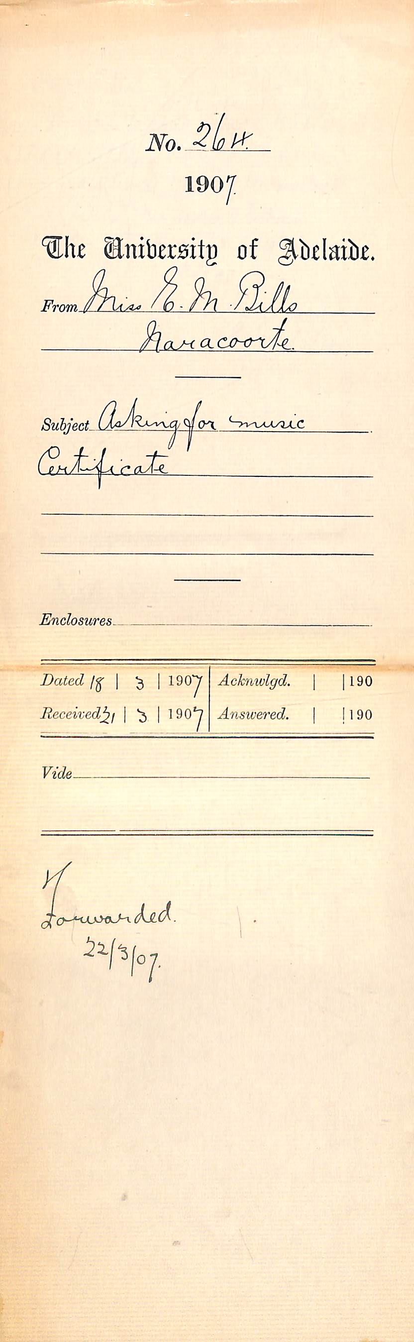 Miss E M Bills - Naracoorte - Asking for Music Certificate