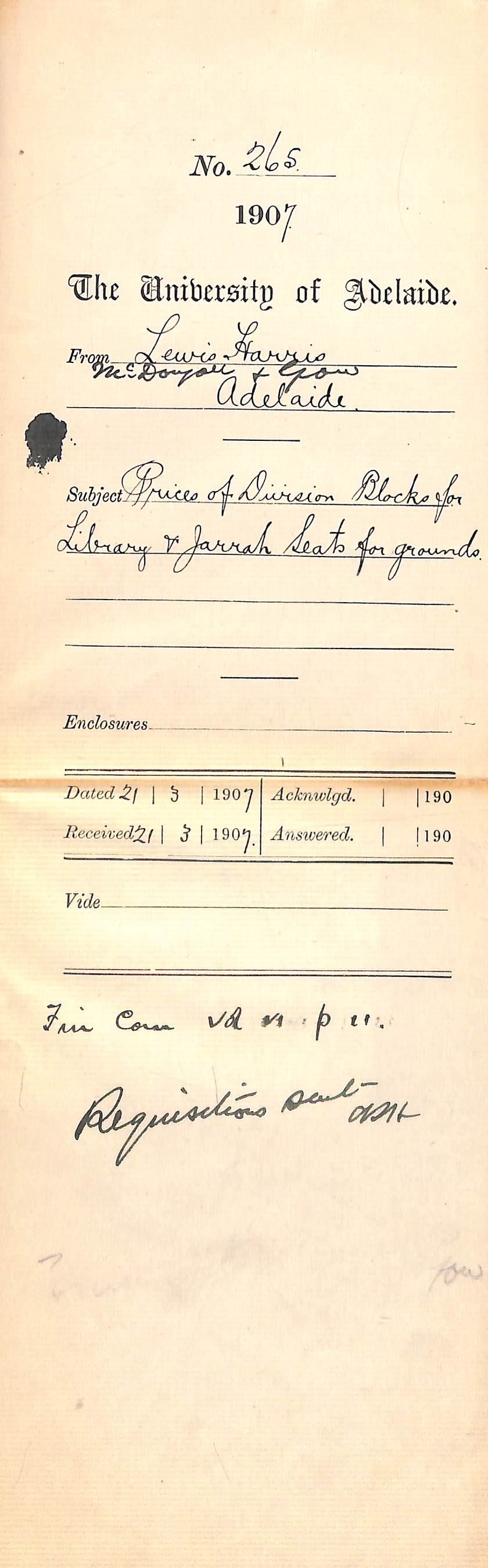Lewis Harris  McDougall and Gow - Adelaide - Prices of Division Blocks for Library and Jarrah Seats for grounds