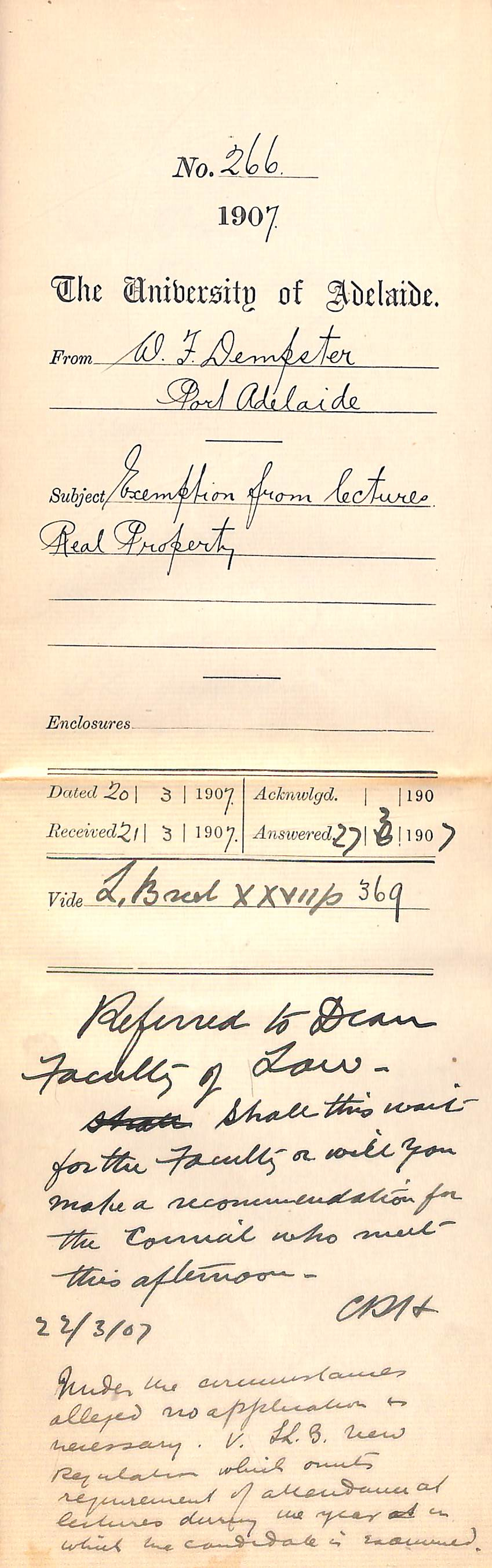 W F Dempster - Port Adelaide - Exemption from lectures Real Property