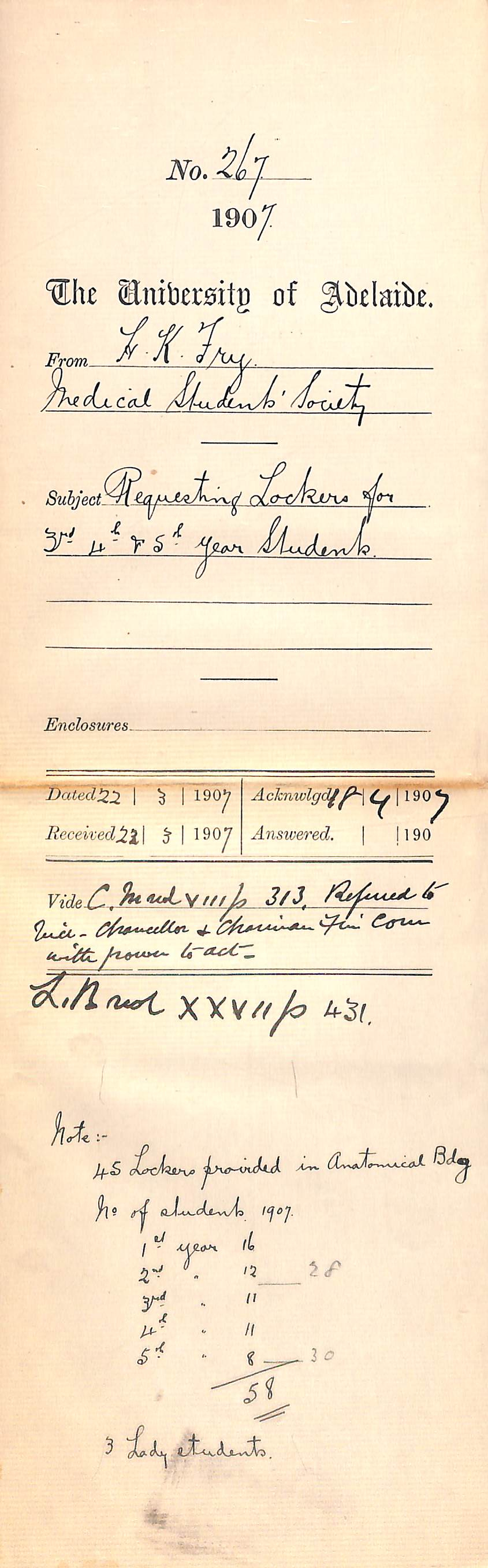 Henry Kenneth Fry - Medical Students Society - Requesting Lockers for 3rd 4th and 5th Year Students