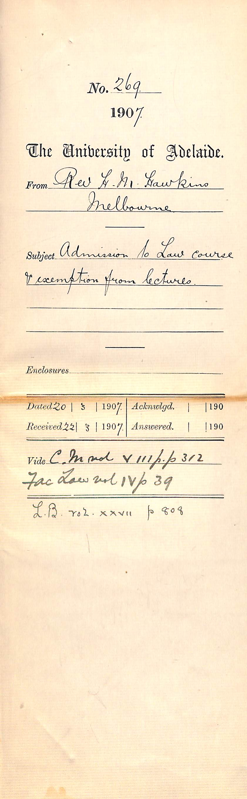 Reverend Herbert M Hawkins - Melbourne - Admission to Law Course and Exemption from Lectures