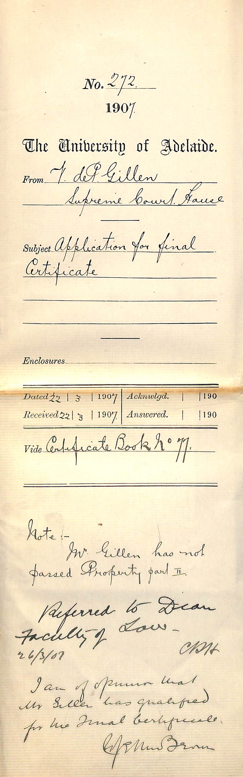 Vincent de Paul Gillen - Supreme Court House - Application for Final Certificate