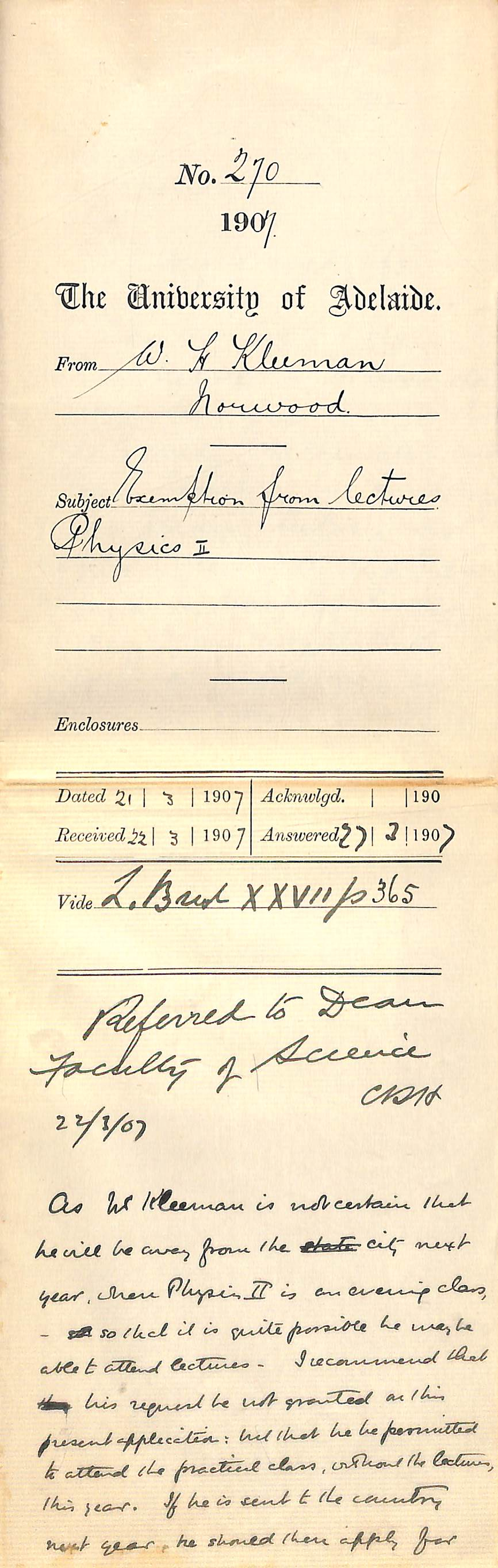 W H Kleeman - Norwood - Exemption from lectures Physics II