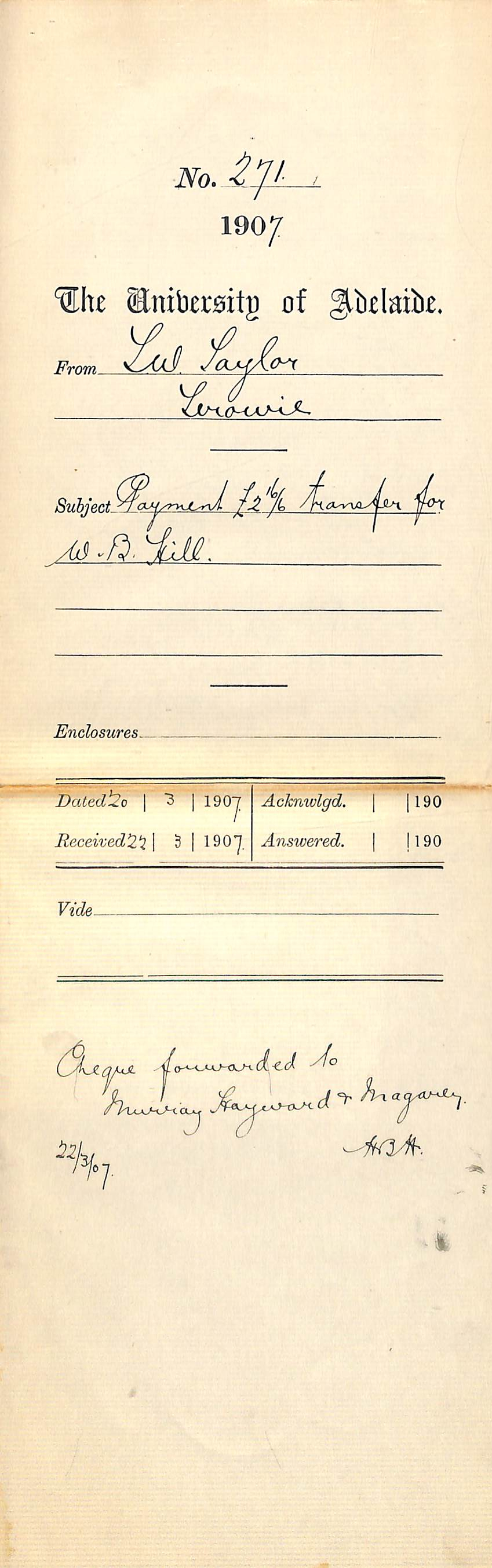 Thomas W Taylor - Terowie - Payment &pound;2-16-6 transfer for W B Hill