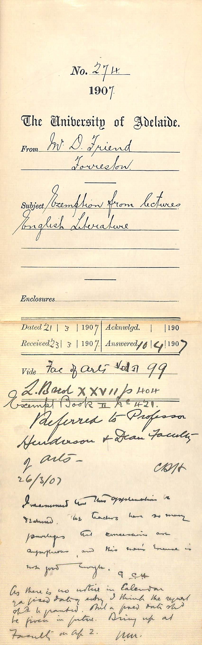 Mr David Friend - Forreston - Exemption from lectures English literature