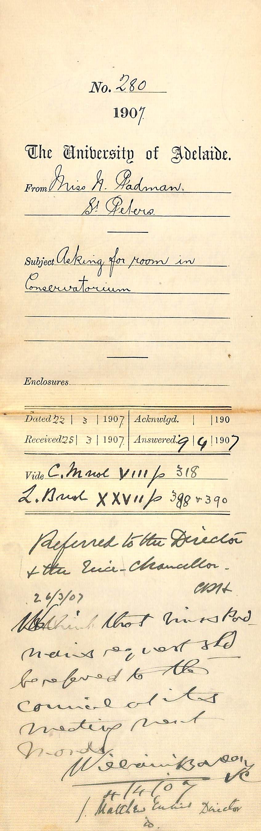 Miss Nellie Padman - St Peters - Asking for room in Conservatorium