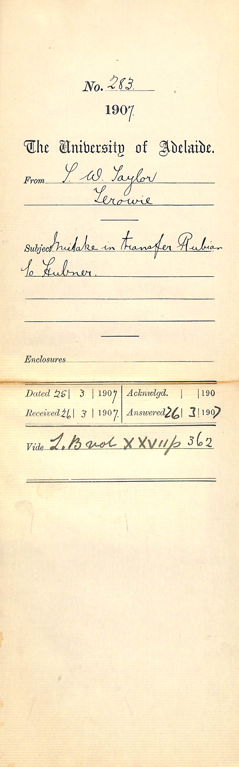 Thomas W Taylor - Terowie - Mistake in transfer Rubian to Hubner