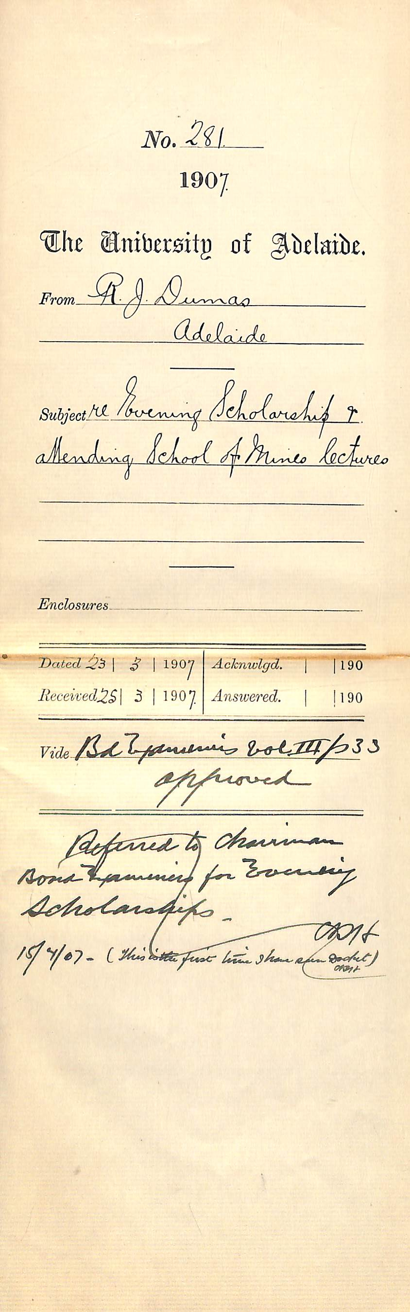 Russell John Dumas - Adelaide - Evening Scholarship and attending School of Mines lectures
